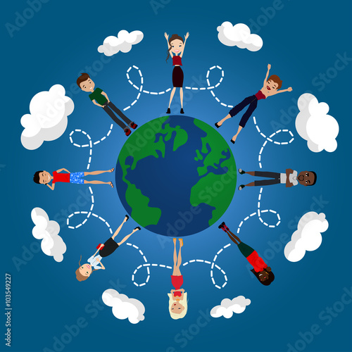 Plakat Wektor Płaska konstrukcja ilustracja pokoju świat z kuli ziemskiej, ludzi i przyjaźni