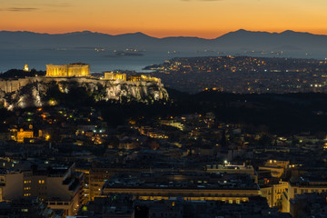 Athens, Greece night view of the Acropolis,
