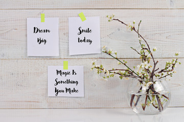 Inspirational motivational positive Mood board. Dream big, smile today, magic is something you make quotations. Scandinavian interior design .