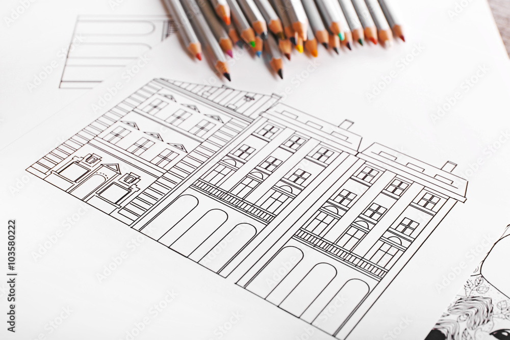 Drawing of buildings and colour pencils