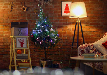 Living room interior with sofa, lamp and Christmas tree on brick wall background