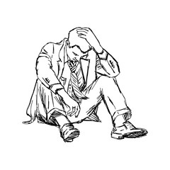 illustration vector doodle hand drawn of sketch frustrated businessman sitting on the ground