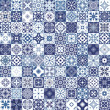 Gorgeous floral patchwork design. Moroccan or Mediterranean square tiles, tribal ornaments. For wallpaper print, pattern fills, web page background, surface textures. Indigo blue white teal aqua