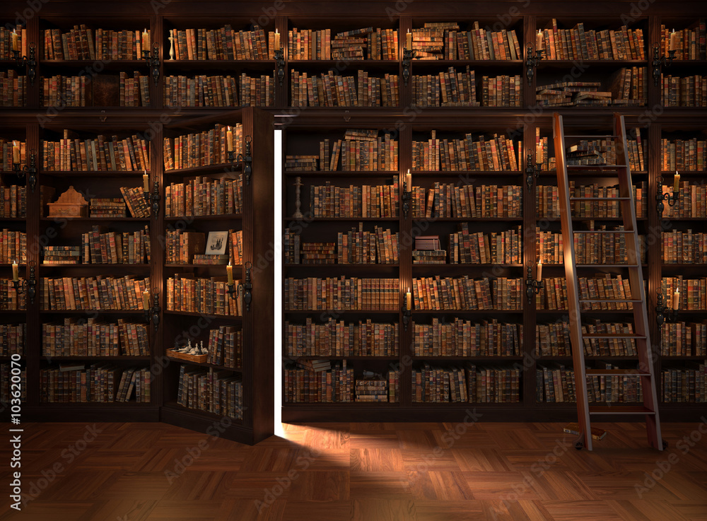 Secret door in the bookcase. Mysterious library with candle lighting. With vintage stuff. - obrazy, fototapety, plakaty 