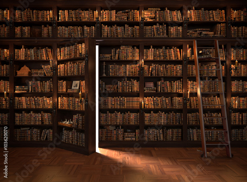 Secret Door In The Bookcase Mysterious Library With Candle