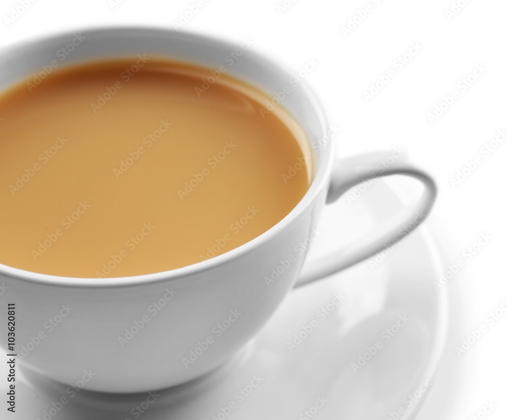 Porcelain cup of tea with milk isolated on white background