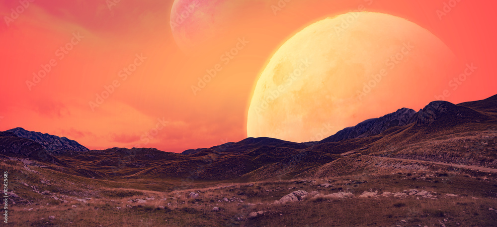 Krajobraz planety androidów z widokiem na księżyce. - obrazy, fototapety, plakaty 