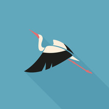 Flying White Stork With Black Wing Logo Sign On Blue Background