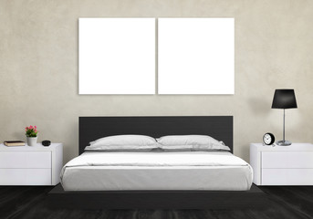 Wall Mural - Isolated art canvas in bedroom. Bed, nightstand, lamp, plant, clock.