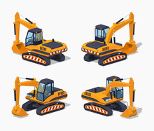 Yellow Excavator. Special Machinery. 3D Lowpoly Isometric Vector Illustration. The Set Of Objects Isolated Against The White Background And Shown From Different Sides