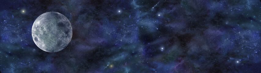 blue moon deep space banner - wide website header of deep space night sky, with a blue moon on left 