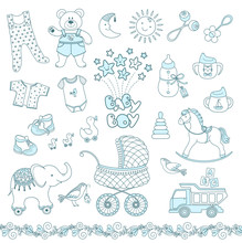 Set Of Cute Blue Baby Boy Things. Vector Contour.
