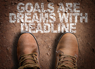 Wall Mural - Top View of Boot on the trail with the text: Goals Are Dreams With Deadline