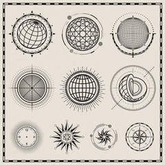 Poster - Collection of outline globes, spheres and compass symbol design.