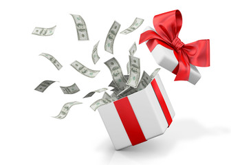gift box with banknote of dollar.