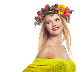 Wonderful blonde lady with wreath from flowers on head