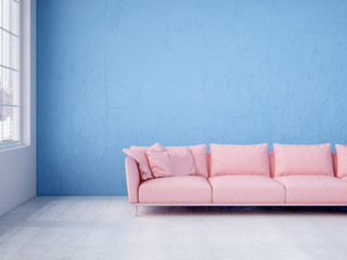Modern interior with blue wall and pink sofa. 3d rendering