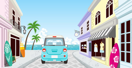 Wall Mural - Driving car in the Seaside town - Light blue color