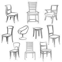Furniture Set. Interior Detail Outline Collection: Chair, Armchair, Stool.