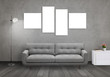 © Stanisic Vladimir - Isolated wall art canvas on gray wall. Living room interior with sofa, lamp, cabinet.