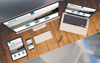 Wall Mural - top view workplace with devices showing responsive order online