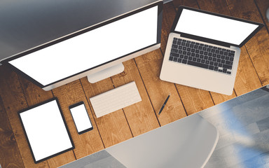 Wall Mural - top view workplace with devices