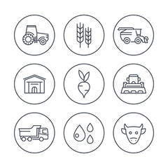 Canvas Print - Agriculture, farming line icons in circles, tractor, harvest, cattle, agricultural machinery icons, vector illustration