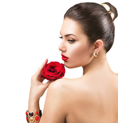 Wall Mural - beautiful woman with red rose flower