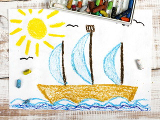 Wall Mural - colorful drawing: sailing boat  in the sea