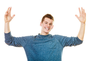 Canvas Print - Happy man successful lad with arms up
