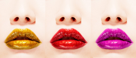 Wall Mural - Colorful lips. Many different color lipsticks.