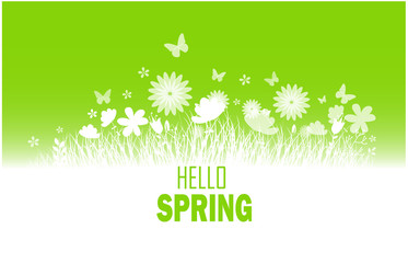 Spring background with flower, butterflies and grass silhouette