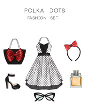 Fashion Set Of Woman's Clothes, Accessories, And Shoes - Polka Dots Clothes And Accessories