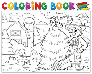 Canvas Print - Coloring book farmer near farmhouse 1