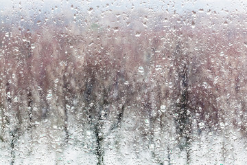 Wall Mural - water drops from melting snow on home window glass