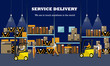 Logistic and delivery service concept banner. Warehouse interior poster. Vector illustration in flat style