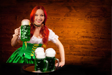 Wall Mural - Bavarian Woman with Three Green Beer Glasses