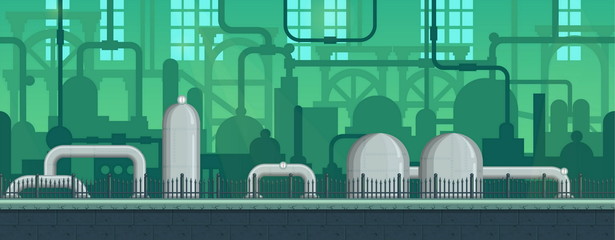 Wall Mural - Seamless endless industrial postapocalyptic game environment illustration with pipes and machinery siloettes. Separated layers for game development.