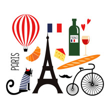 Cute Cartoon French Culture Symbols: Wine, Eiffel Tower, Baguette, Retro Bicycle, Mustache, Cheese. Funny Paris Illustration. Set Of French Symbols On White Background.