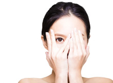 Young Woman Covering Her Eyes By Hands