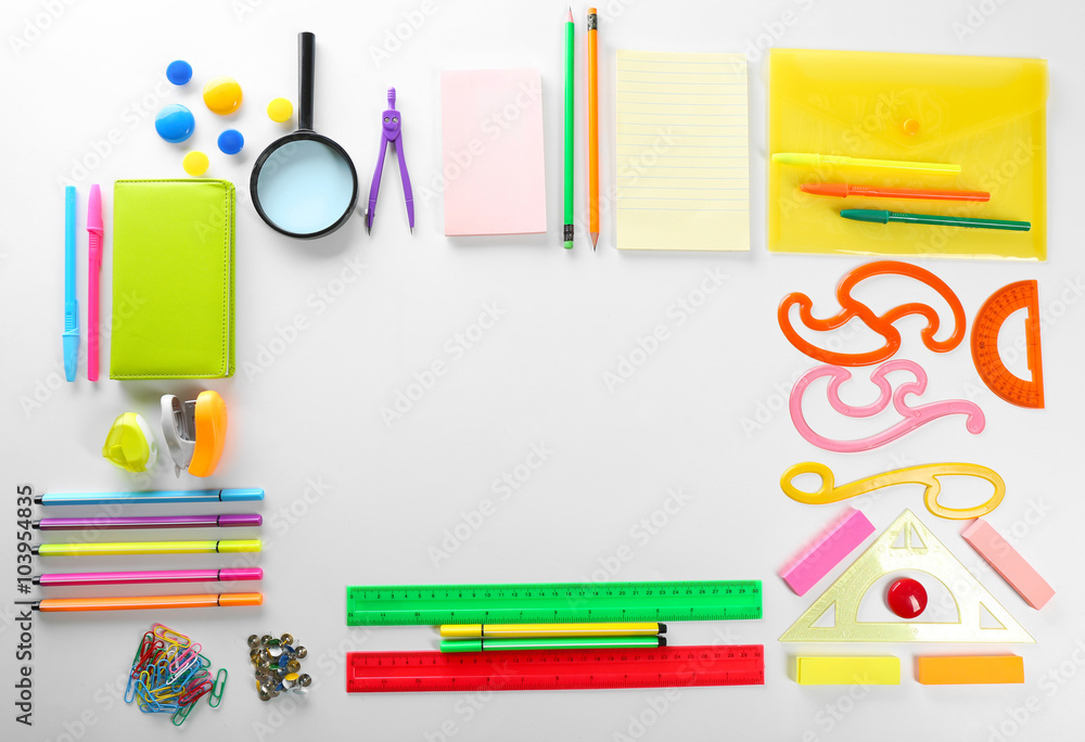Back to school concept. Frame of colourful concept isolated on white background