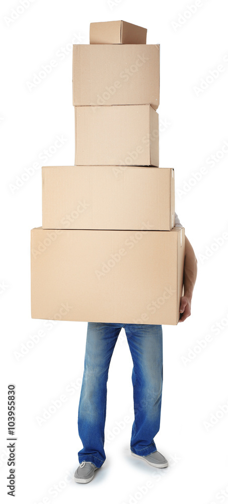 Man holding pile of carton boxes isolated on white background