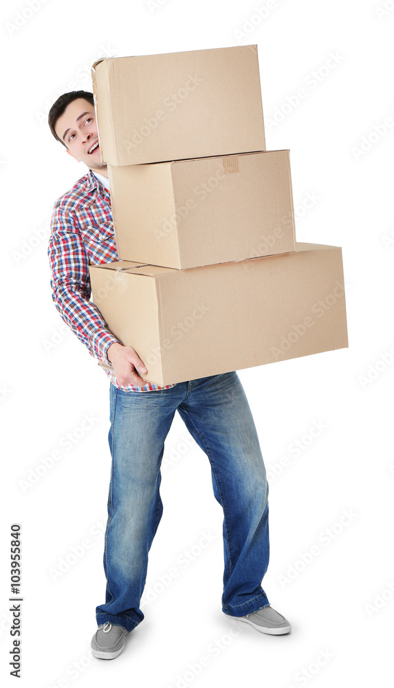 Man holding pile of carton boxes isolated on white background