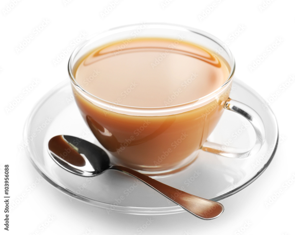 Glass cup of tea with milk isolated on white background