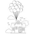 Coloring Book Outlined House with Balloon