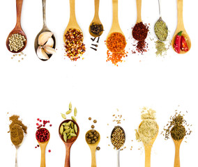 Spices in spoons isolated on white background.