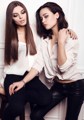 Wall Mural - fashion studio photo of two beautiful young women with dark hair wearing elegant clothes,posing together