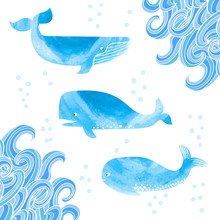 Watercolor Whales Set. Collection Of Cute Whales Isolated On White. Doodle Waves Corner Decor. Vector Illustration. 