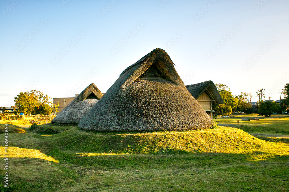 静岡県 登呂遺跡、復元された竪穴住居 Stock Photo | Adobe Stock