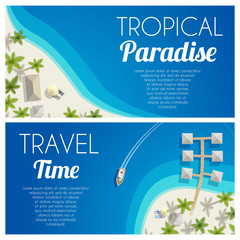 Wall Mural - Sunny summer beach horizontal banners with palms and bungalows. Vector illustration, eps10.